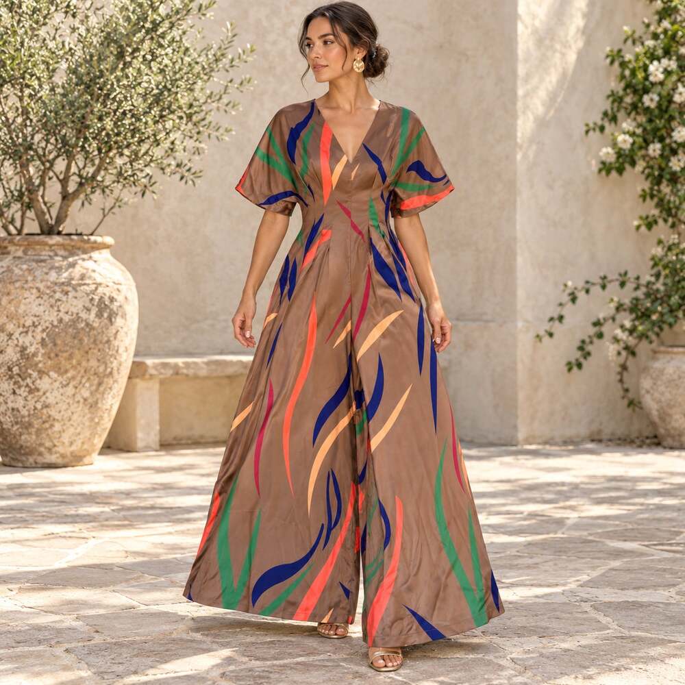 Mulla Jumpsuit WMNS L Brown Multicolor Swirl V Neck Wide Leg Retro Boho Glam